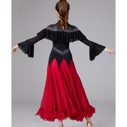 Black with red gemstones competition latin ballroom dance dress for women girls salsa waltz tango foxtrot smooth dance long dress for female